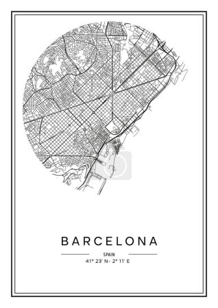 Téléchargez les illustrations : Plan de Barcelone imprimable en noir et blanc, poster design, illistration vectorielle. - en licence libre de droit