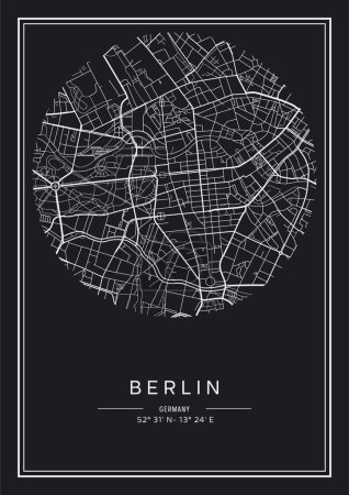 Ilustración de Mapa de Berlín imprimible en blanco y negro, diseño de póster, vector illistration. - Imagen libre de derechos