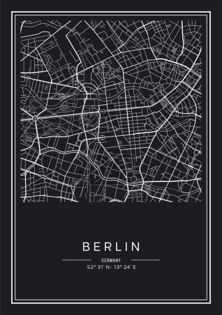 Téléchargez les illustrations : Carte de la ville de Berlin imprimable en noir et blanc, poster design, illistration vectorielle. - en licence libre de droit