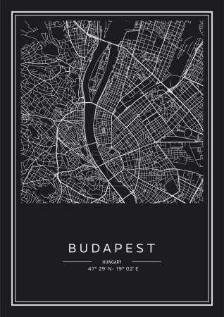 Mapa de Budapest imprimible en blanco y negro, diseño de póster, vector illistration.