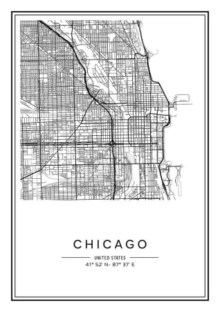 Illustration for Black and white printable Chicago city map, poster design, vector illistration. - Royalty Free Image