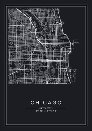 Ilustración de Mapa de Chicago imprimible en blanco y negro, diseño de póster, vector illistration. - Imagen libre de derechos