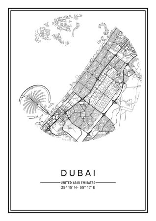 Téléchargez les illustrations : Plan de la ville Dubaï imprimable en noir et blanc, poster design, illistration vectorielle. - en licence libre de droit