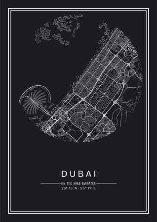 Ilustración de Mapa de Dubái imprimible en blanco y negro, diseño de póster, vector illistration. - Imagen libre de derechos