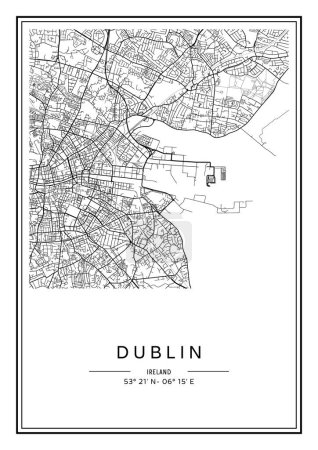 Téléchargez les illustrations : Carte de Dublin imprimable en noir et blanc, poster, illistration vectorielle. - en licence libre de droit