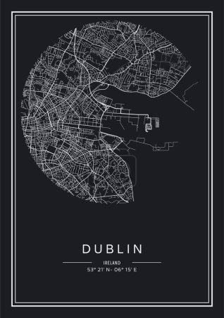 Téléchargez les illustrations : Carte de Dublin imprimable en noir et blanc, poster, illistration vectorielle. - en licence libre de droit