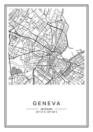 Ilustración de Mapa de Ginebra imprimible en blanco y negro, diseño de póster, vector illistration. - Imagen libre de derechos