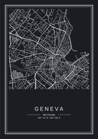 Illustration for Black and white printable Geneva city map, poster design, vector illistration. - Royalty Free Image