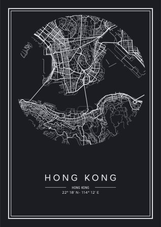 Illustration for Black and white printable Hong Kong city map, poster design, vector illistration. - Royalty Free Image