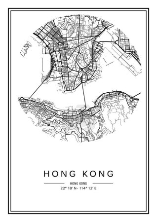 Téléchargez les illustrations : Plan de la ville Hong Kong imprimable en noir et blanc, poster design, vecteur illistration. - en licence libre de droit