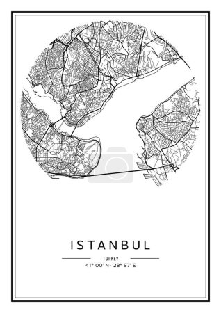 Ilustración de Mapa de Estambul imprimible en blanco y negro, diseño de póster, vector illistration. - Imagen libre de derechos