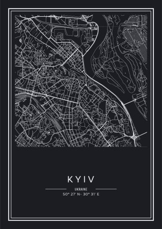 Téléchargez les illustrations : Carte de la ville de Kiev imprimable en noir et blanc, poster design, vecteur illistration. - en licence libre de droit