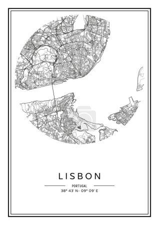 Téléchargez les illustrations : Plan de la ville Lisbonne imprimable en noir et blanc, poster design, illistration vectorielle. - en licence libre de droit