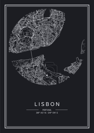 Ilustración de Mapa de Lisboa imprimible en blanco y negro, diseño de póster, vector illistration. - Imagen libre de derechos