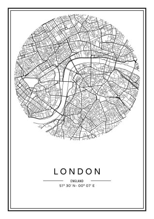 Ilustración de Mapa de Londres imprimible en blanco y negro, diseño de póster, vector illistration. - Imagen libre de derechos