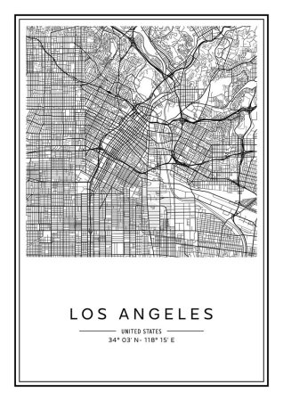 Ilustración de Blanco y negro imprimible Los Ángeles mapa de la ciudad, diseño de póster, vector de ilistración. - Imagen libre de derechos