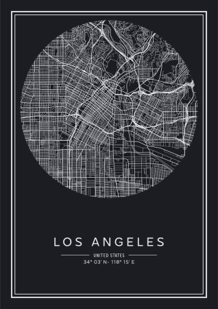 Téléchargez les illustrations : Plan de la ville Los Angeles imprimable en noir et blanc, poster design, vecteur illistration. - en licence libre de droit