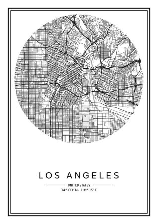 Ilustración de Blanco y negro imprimible Los Ángeles mapa de la ciudad, diseño de póster, vector de ilistración. - Imagen libre de derechos