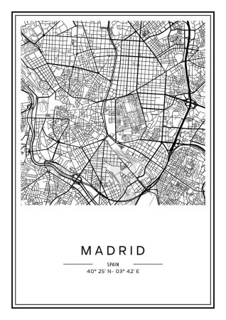 Ilustración de Mapa de Madrid imprimible en blanco y negro, diseño de póster, vector illistration. - Imagen libre de derechos