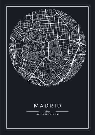 Téléchargez les illustrations : Plan de la ville Madrid imprimable en noir et blanc, poster design, illistration vectorielle. - en licence libre de droit