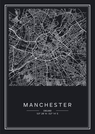 Ilustración de Mapa de Manchester imprimible en blanco y negro, diseño de póster, vector illistration. - Imagen libre de derechos