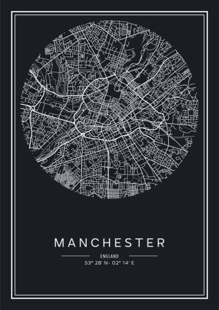 Téléchargez les illustrations : Plan de la ville Manchester imprimable en noir et blanc, poster design, illistration vectorielle. - en licence libre de droit