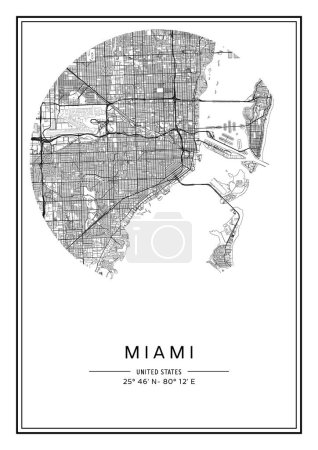 Illustration for Black and white printable Miami city map, poster design, vector illistration. - Royalty Free Image