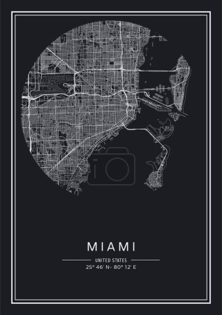 Ilustración de Mapa de Miami imprimible en blanco y negro, diseño de póster, vector illistration. - Imagen libre de derechos