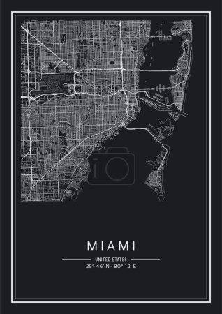 Ilustración de Mapa de Miami imprimible en blanco y negro, diseño de póster, vector illistration. - Imagen libre de derechos