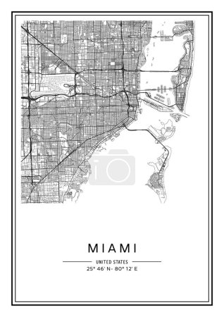 Téléchargez les illustrations : Carte de la ville Miami imprimable en noir et blanc, poster design, illistration vectorielle. - en licence libre de droit