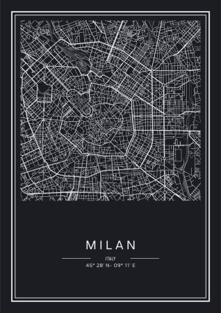 Téléchargez les illustrations : Plan de la ville Milan imprimable en noir et blanc, poster design, illistration vectorielle. - en licence libre de droit