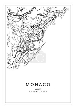 Téléchargez les illustrations : Plan de la ville Monaco imprimable en noir et blanc, poster design, illistration vectorielle. - en licence libre de droit