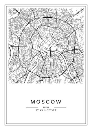 Ilustración de Mapa de Moscú imprimible en blanco y negro, diseño de póster, vector illistration. - Imagen libre de derechos