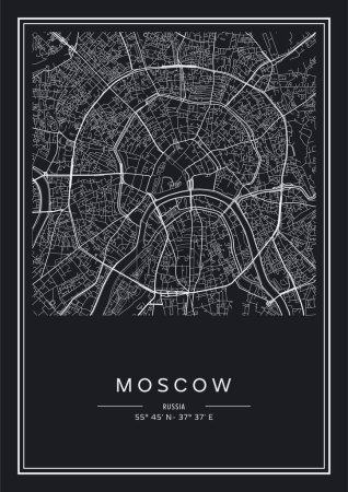Illustration for Black and white printable Moscow city map, poster design, vector illistration. - Royalty Free Image