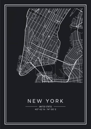 Ilustración de Mapa de Nueva York imprimible en blanco y negro, diseño de póster, ilustración vectorial. - Imagen libre de derechos