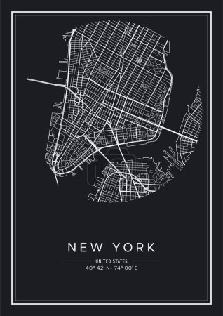 Ilustración de Mapa de Nueva York imprimible en blanco y negro, diseño de póster, ilustración vectorial. - Imagen libre de derechos