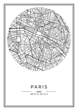 Ilustración de Mapa de París imprimible en blanco y negro, diseño de póster, vector illistration. - Imagen libre de derechos
