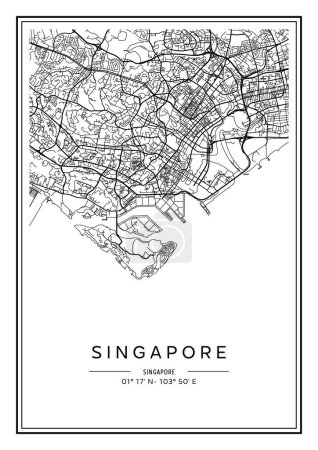 Téléchargez les illustrations : Noir et blanc imprimable Singapour carte de la ville, poster design, illistration vectorielle. - en licence libre de droit