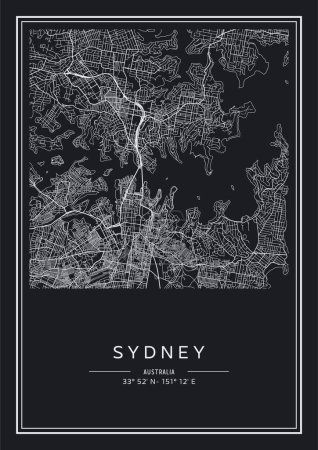 Ilustración de Mapa de Sydney imprimible en blanco y negro, diseño de póster, ilstración vectorial. - Imagen libre de derechos