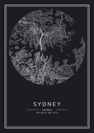 Téléchargez les illustrations : Plan de la ville Sydney imprimable en noir et blanc, poster design, illistration vectorielle. - en licence libre de droit