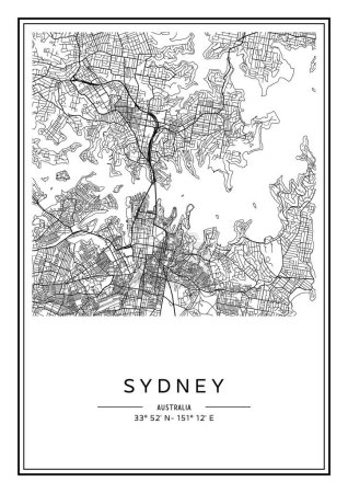 Ilustración de Mapa de Sydney imprimible en blanco y negro, diseño de póster, ilstración vectorial. - Imagen libre de derechos