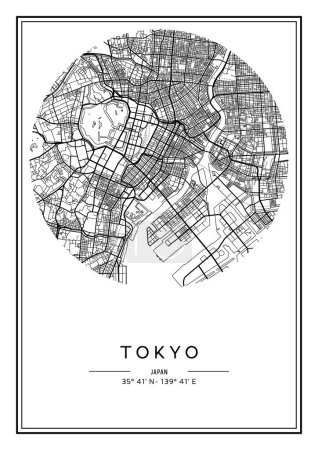 Ilustración de Mapa de Tokio imprimible en blanco y negro, diseño de póster, vector illistration. - Imagen libre de derechos