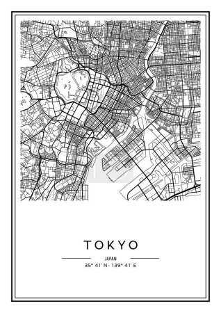 Ilustración de Mapa de Tokio imprimible en blanco y negro, diseño de póster, vector illistration. - Imagen libre de derechos