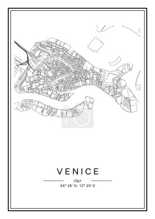 Téléchargez les illustrations : Carte de la ville Venise imprimable en noir et blanc, poster design, illistration vectorielle. - en licence libre de droit