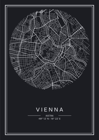 Ilustración de Mapa de Viena imprimible en blanco y negro, diseño de póster, vector illistration. - Imagen libre de derechos