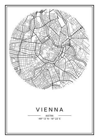 Ilustración de Mapa de Viena imprimible en blanco y negro, diseño de póster, vector illistration. - Imagen libre de derechos