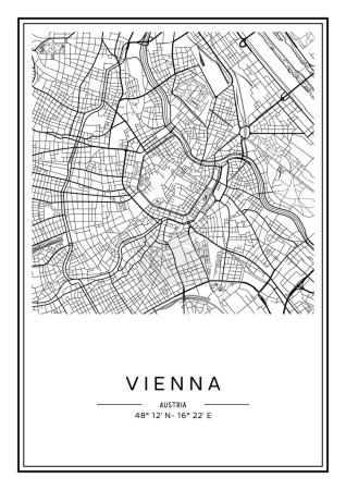 Téléchargez les illustrations : Plan de la ville Vienne imprimable en noir et blanc, poster design, illistration vectorielle. - en licence libre de droit