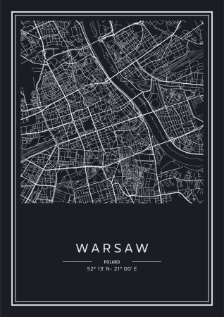 Illustration for Black and white printable Warsaw city map, poster design, vector illistration. - Royalty Free Image
