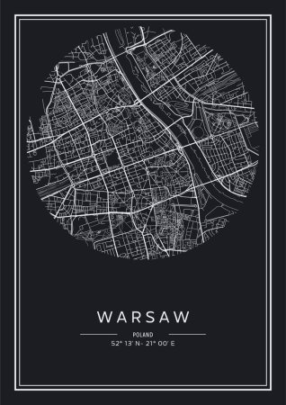 Ilustración de Mapa de Varsovia imprimible en blanco y negro, diseño de póster, vector illistration. - Imagen libre de derechos