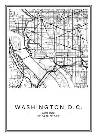 Black and white printable Washington, D.C. city map, poster design, vector illistration.